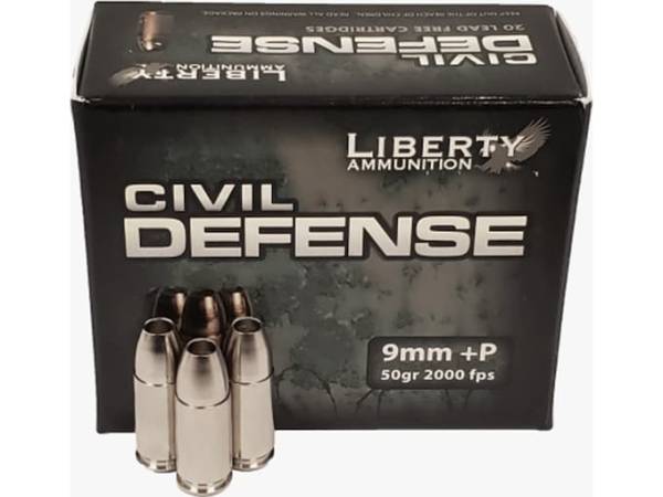 Liberty Civil Defense Ammunition 9mm Luger +P 50 Grain Fragmenting Hollow Point Lead-Free 500 round