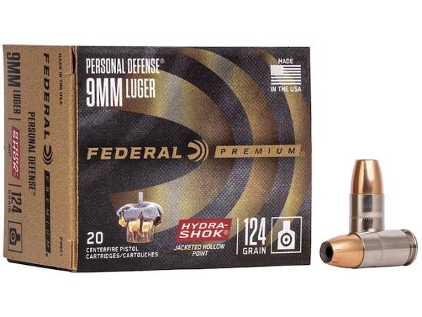 Federal Premium Personal Defense Ammunition 9mm Luger 124 Grain Hydra-Shok Jacketed Hollow Point 500 round