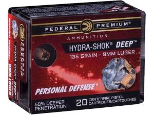 Federal Premium Personal Defense Ammunition 9mm Luger 135 Grain Hydra-Shok Deep Jacketed Hollow Point 500 round