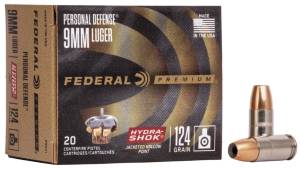 Federal Premium Centerfire Handgun Ammunition 9mm Luger 124 grain Hydra-Shok Jacketed Hollow Point 500 rounds