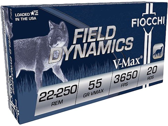 Fiocchi Field Dynamics 22-250 Remington Ammo 55 Grain Hornady V-Max Polymer Tip Box of 500