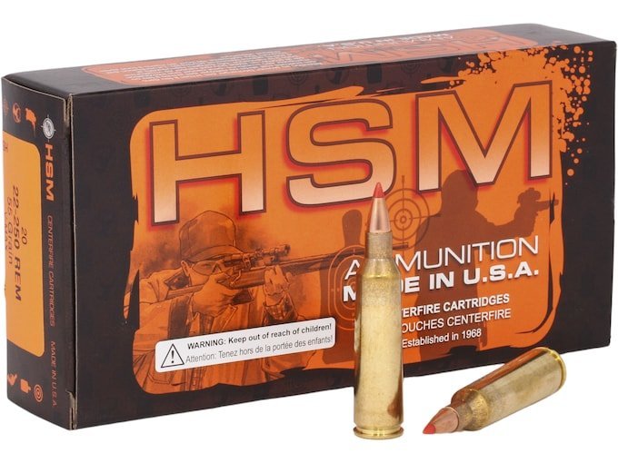 HSM 22-250 Remington Ammo 55 Grain Hornady V-Max Polymer Tip Box of 500